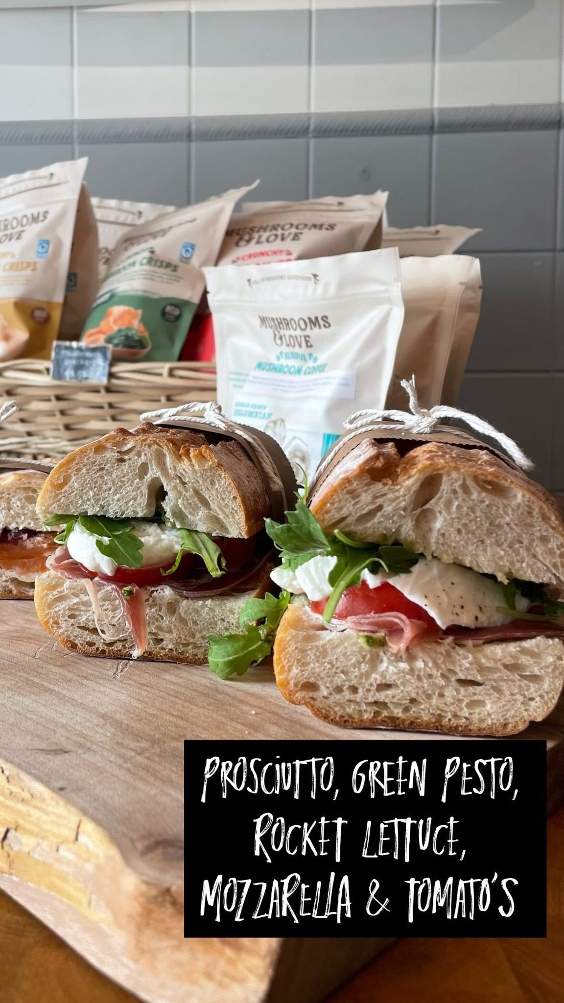 Prosciutto, Green Pesto, Rocket Lettuce, Mozzarella & Tomato's Sandwich